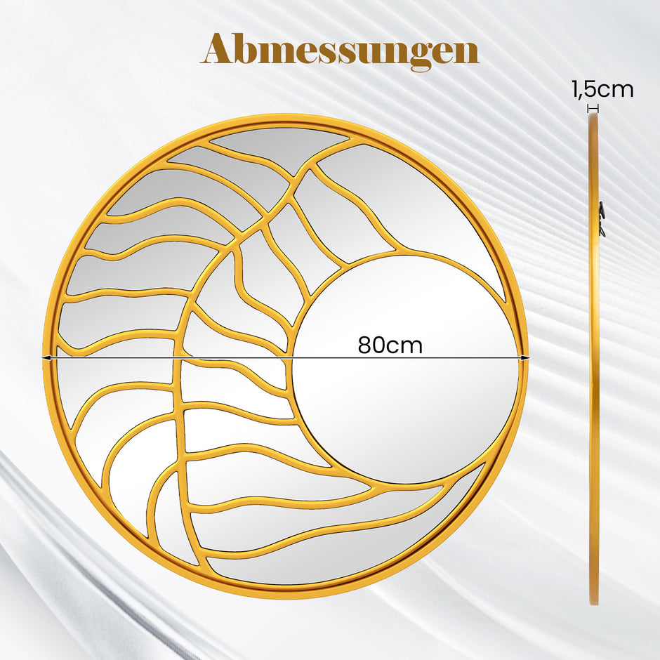Dekorativ – väggspegel med gyllene ram, asymmetrisk stor rund väggdekoration för vardagsrum – Ø 80 cm – Guld