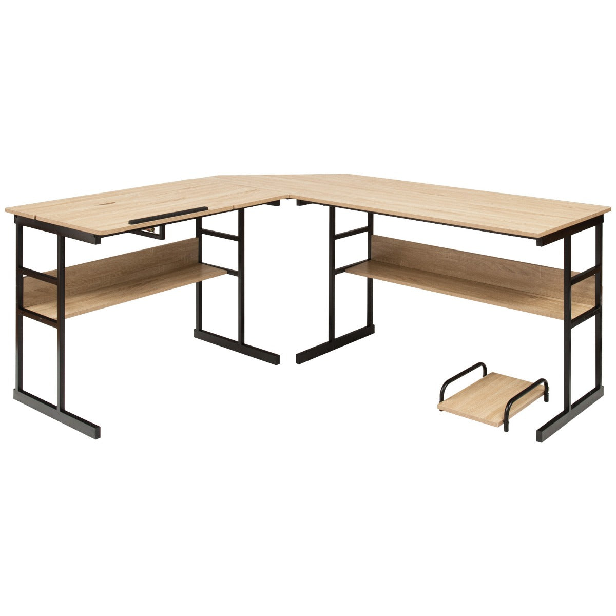 L – formad skrivbord med vinklingsbart bordsskiva, nedre bokhylla och CPU ställ, ritbord, – 170 x 150 x 75 cm – Natur
