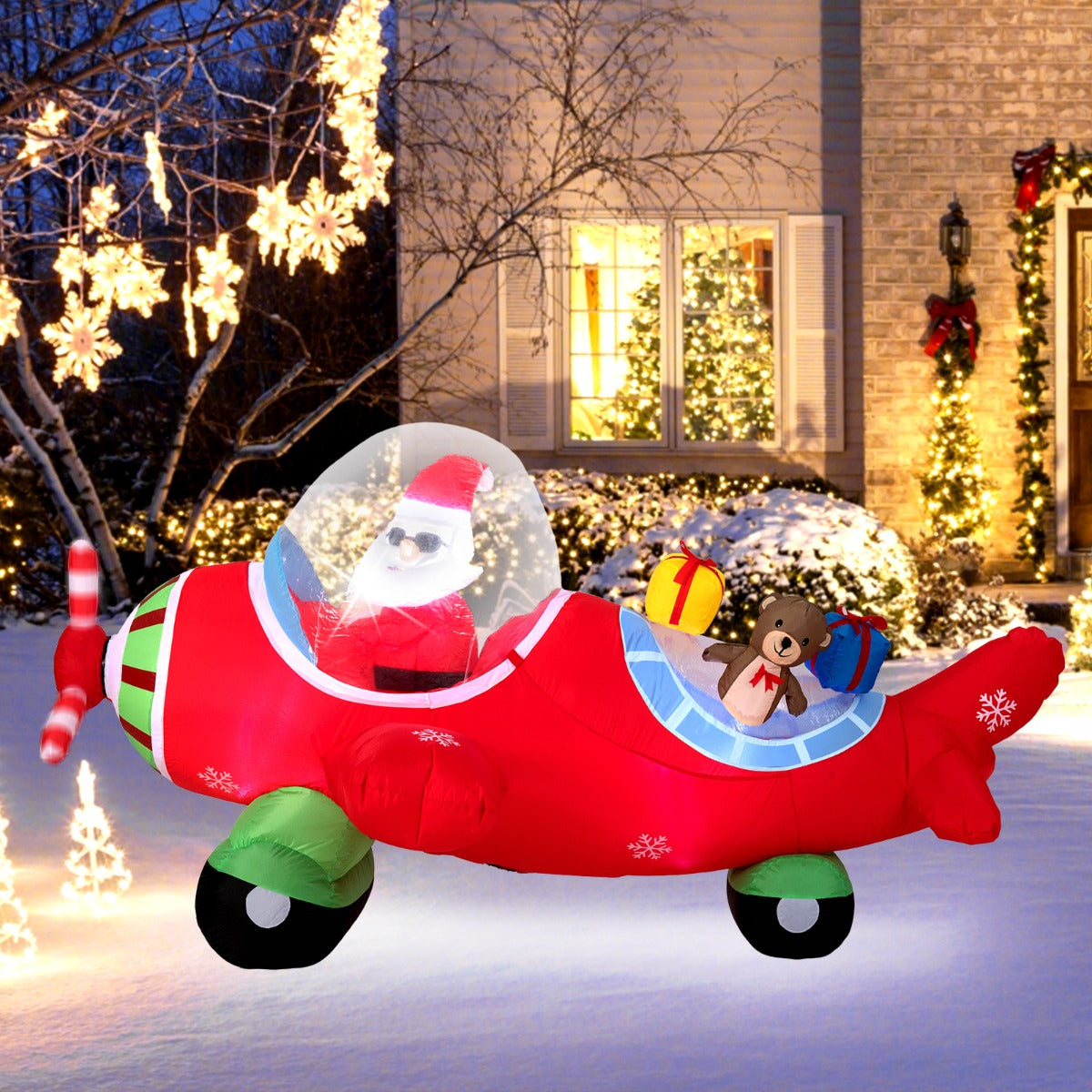 Uppblåsbar – Julman I Flygplan och Presentlåda LED Ljus – 220 Cm – Färgglad