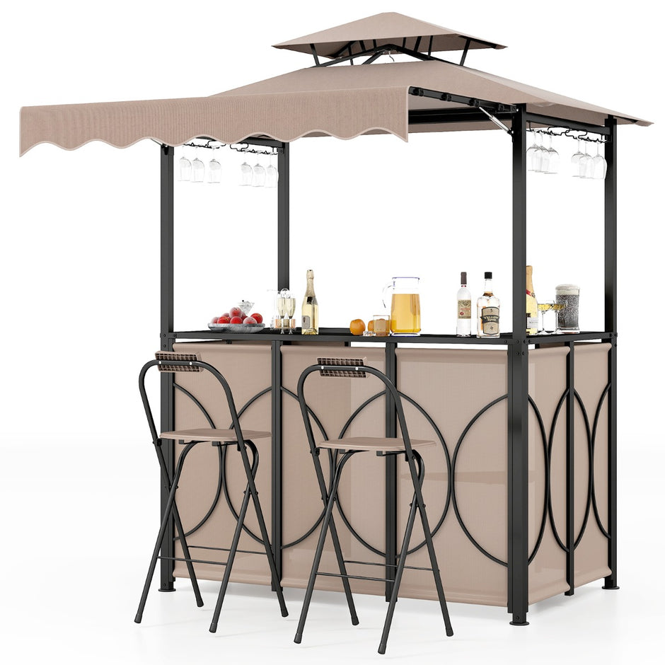 Väderbeständig – grillpaviljong med bar och barstolar, trädgårdspaviljong dubbelt tak markis – 2 – Brun