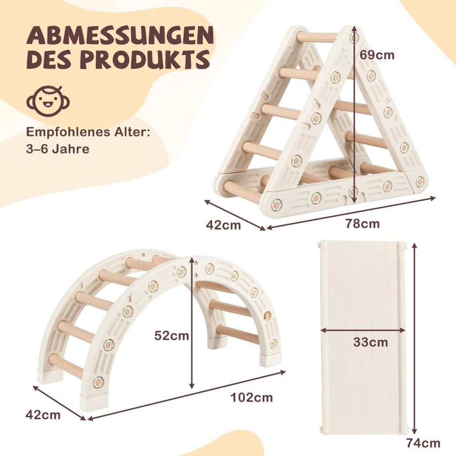 i – klätterställning med klätterbåge, trätriangel och rutschkana Klättertriangel inkl. dubbelsidig ramp – 5 1 – Beige