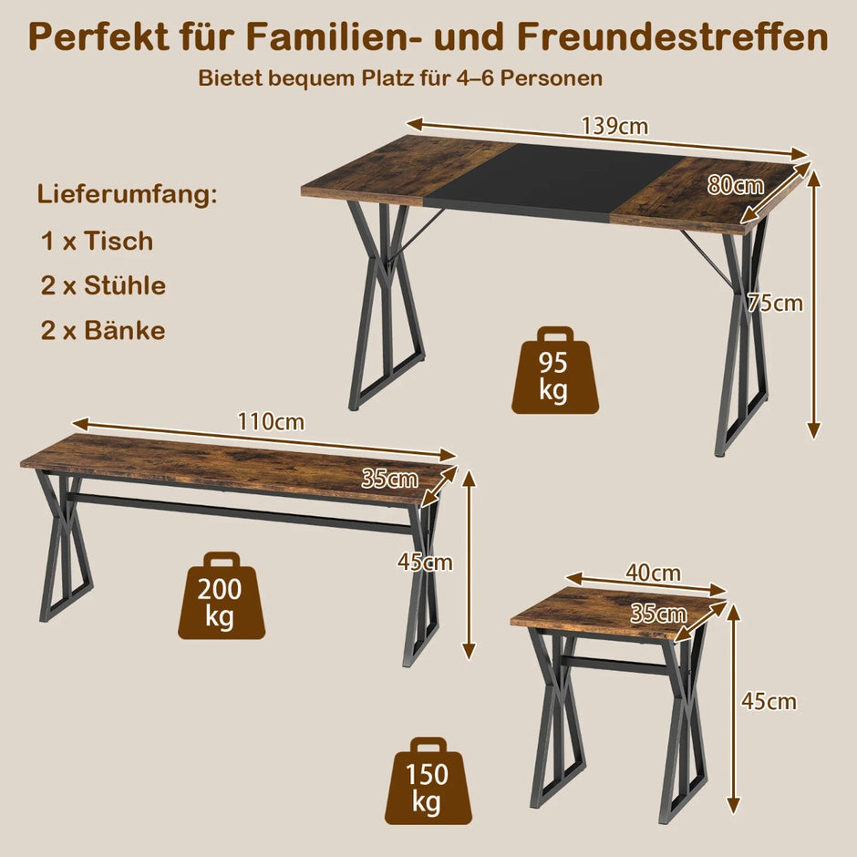 delat – matsalsmöblemang för personer, industriellt rektangulärt köksbord med bänkar, brunt – 5 4-6 2 – Brun