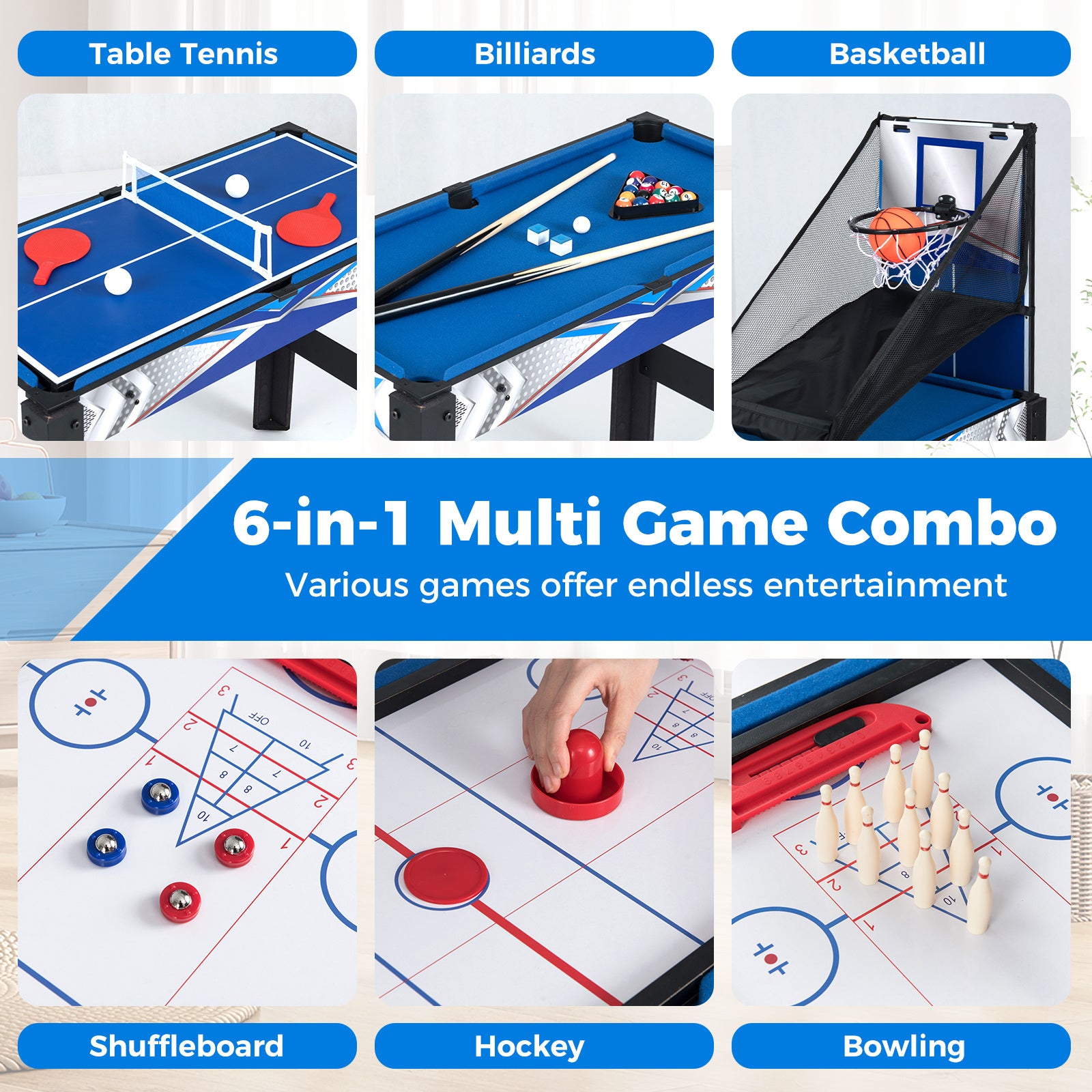 6‑i‑1 – spelbord för barn och vuxna, multifunktionsbord med basket, biljard airhockey