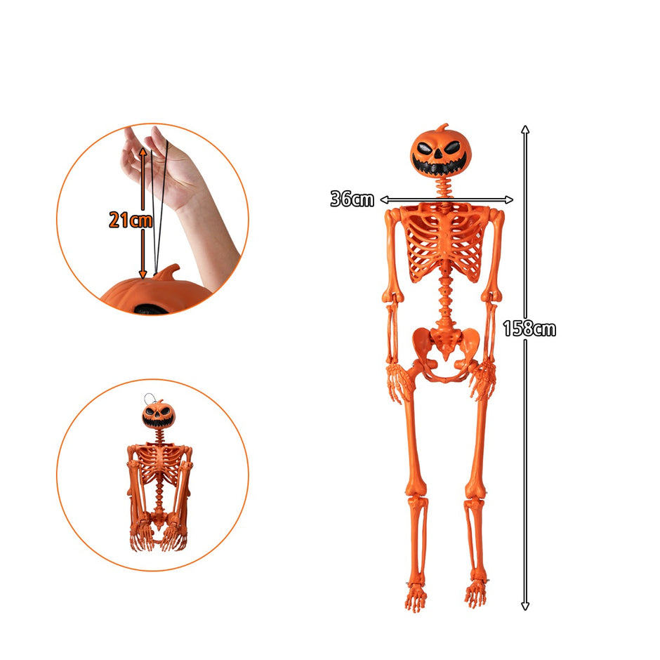 Halloween – skelett Livsstort som kan ställas i olika positioner, med pumpahuvud och rörliga leder – 16 m – Orange