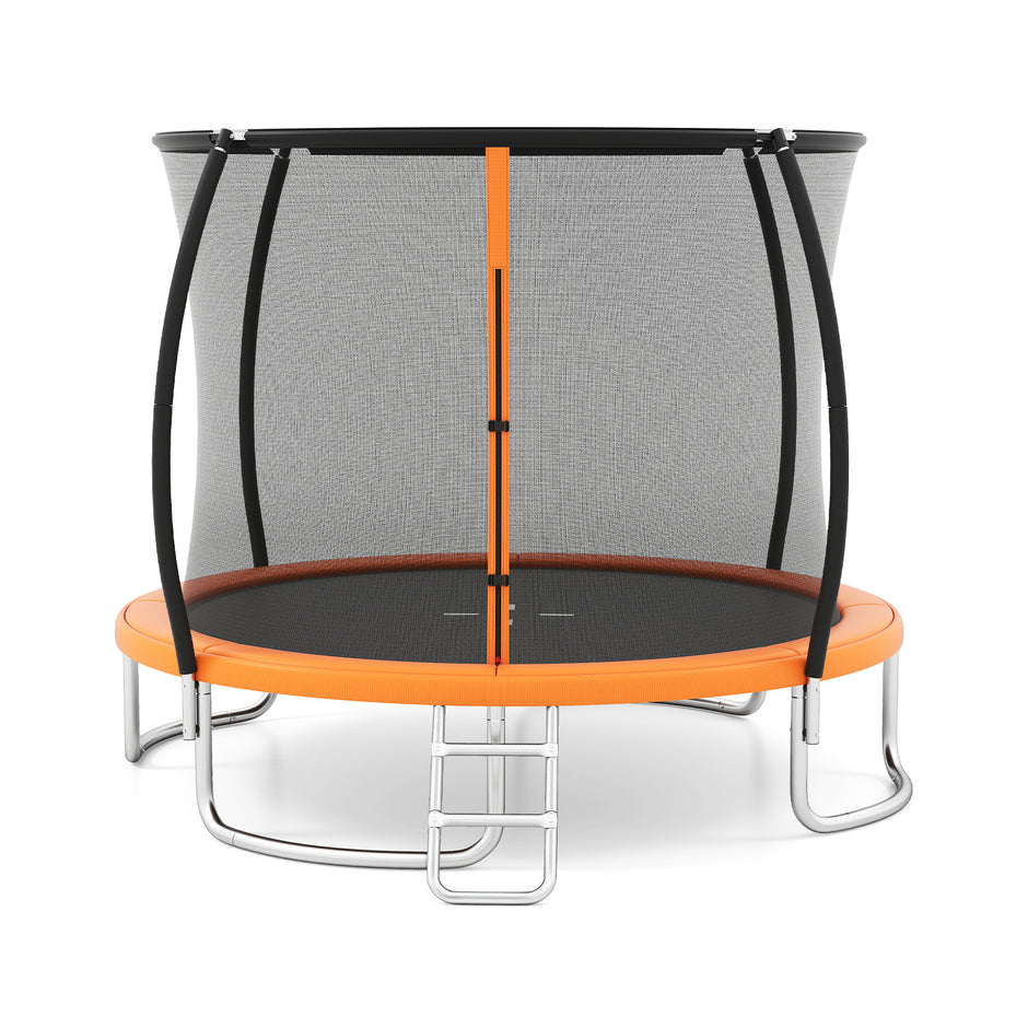 Trampolin – utomhus med stege, rund säkerhetsnät, kantöverdrag och metallram – Ø 305 cm – Orange