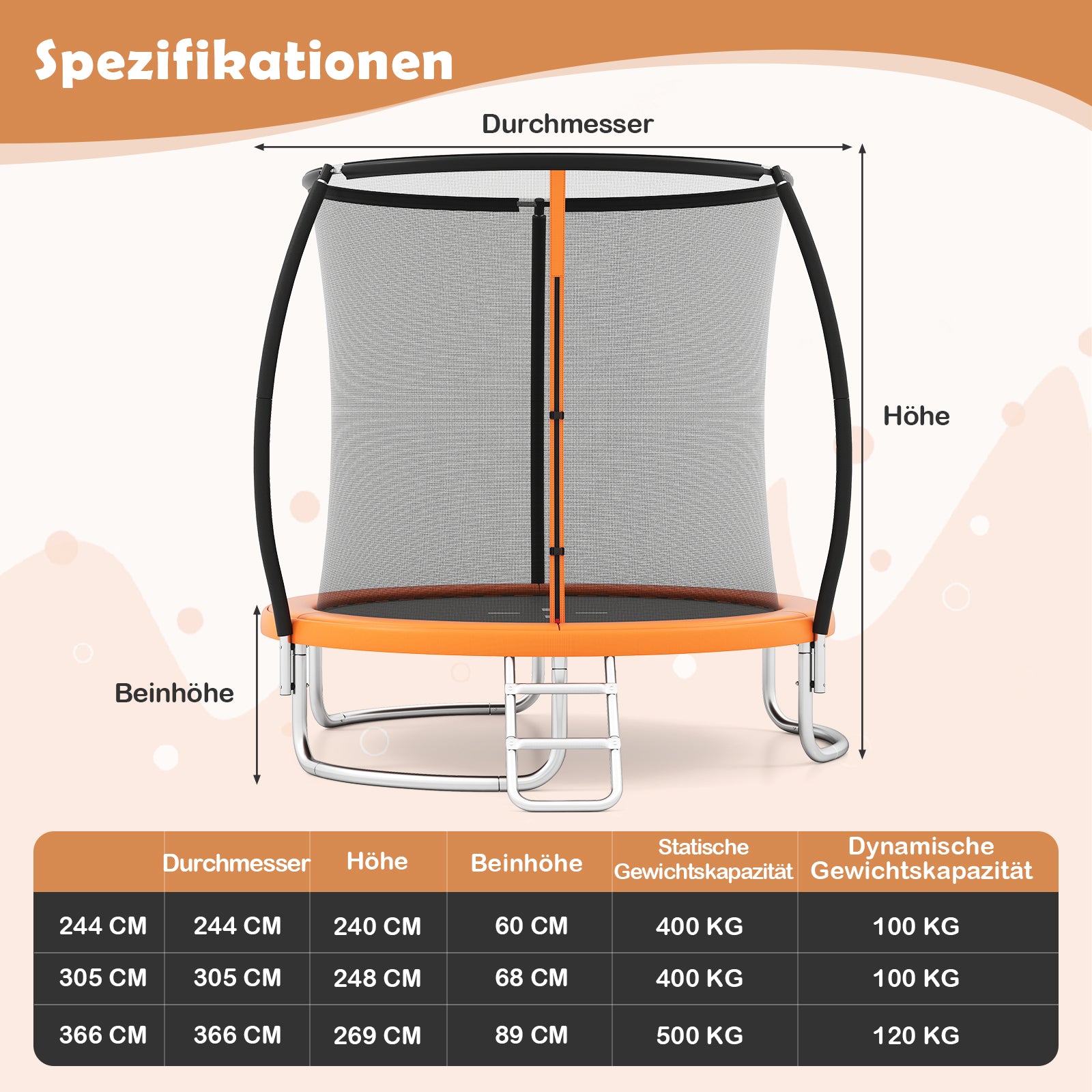 Trampolin – utomhus med stege, rund säkerhetsnät, kantöverdrag och metallram – Ø 305 cm – Orange