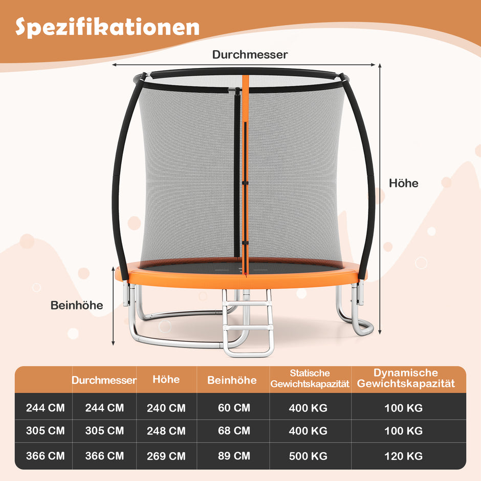 Trampolin – utomhus med stege, rund säkerhetsnät, kantöverdrag och metallram – Ø 305 cm – Orange