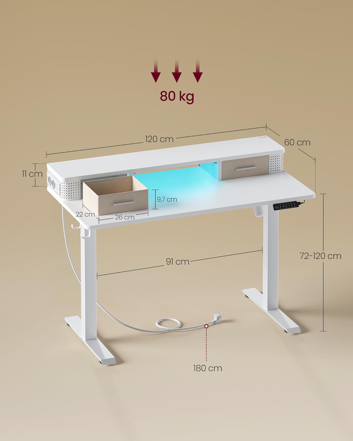 Elektriskt skrivbord - Höjdjusterbar - med uttag och 2 lådor