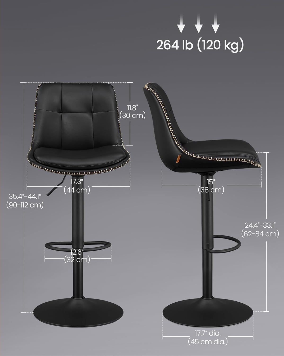 Barstol - uppsättning av 2 - med ryggstöd - bläck svart