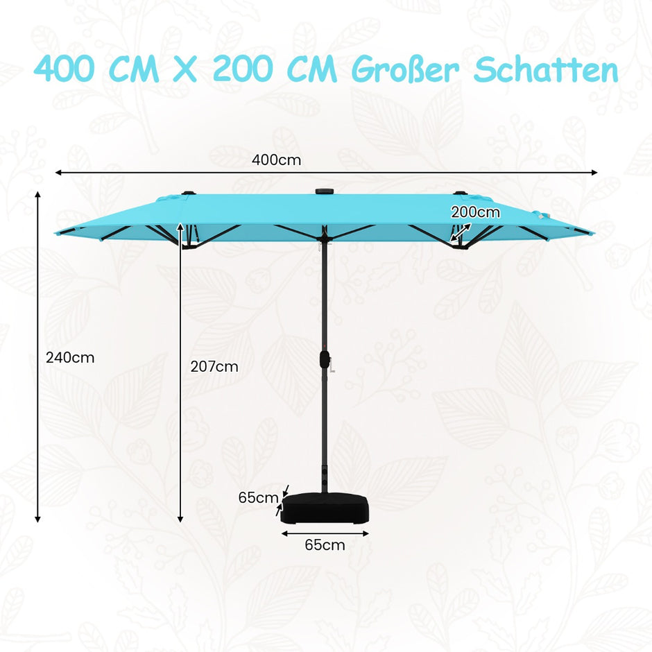 Dubbelsolparasoll – med stativ och LED lampor UPF 50+ Stor – 400 x 200 cm – Turkos
