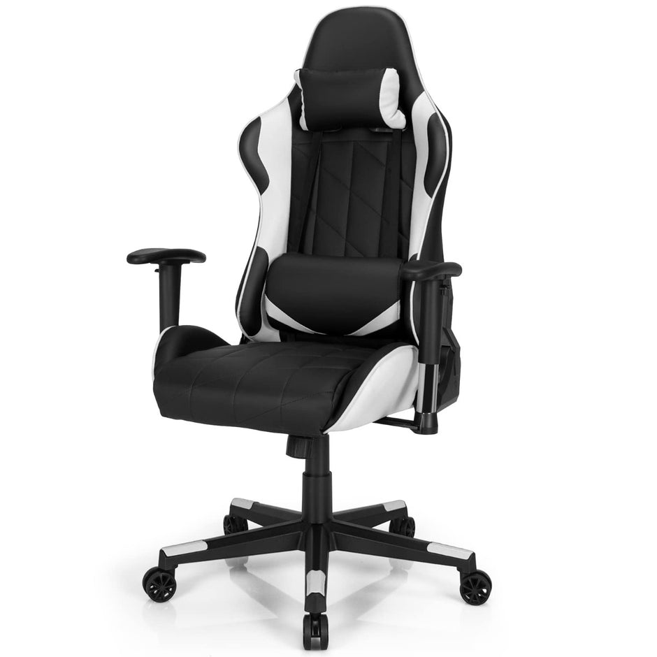 Gamingstol – Racing Style Snurrstol med nackstöd och ländryggskudde 90° 160° Justerbar lutningsvinkel – Vit