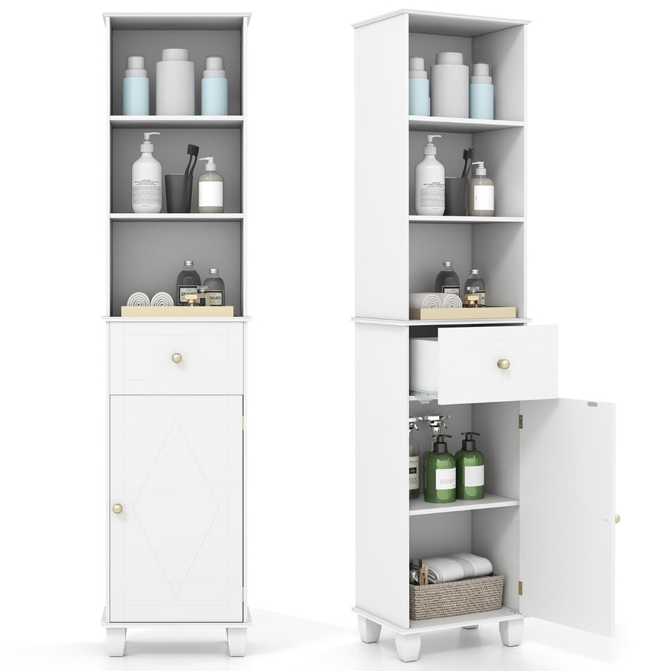 Badrumsskåp – smal Badmöbel med öppen Hylla Låda Dörr och justerbar – 3 1 1 172 cm – Vit