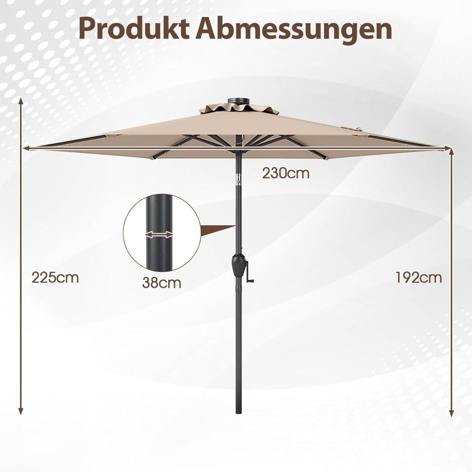 Parasoll – med LED solbelysning och vev, trädgårdsparasol, marknadsparasol – 230 cm – Ljusbrun