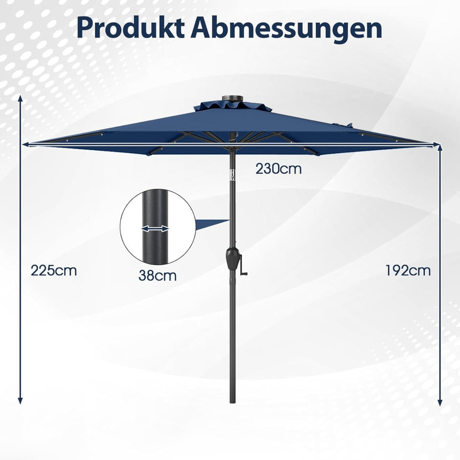 Parasoll – med LED solbelysning och vev, trädgårdsparasol, marknadsparasol – 230 cm – Marinblå
