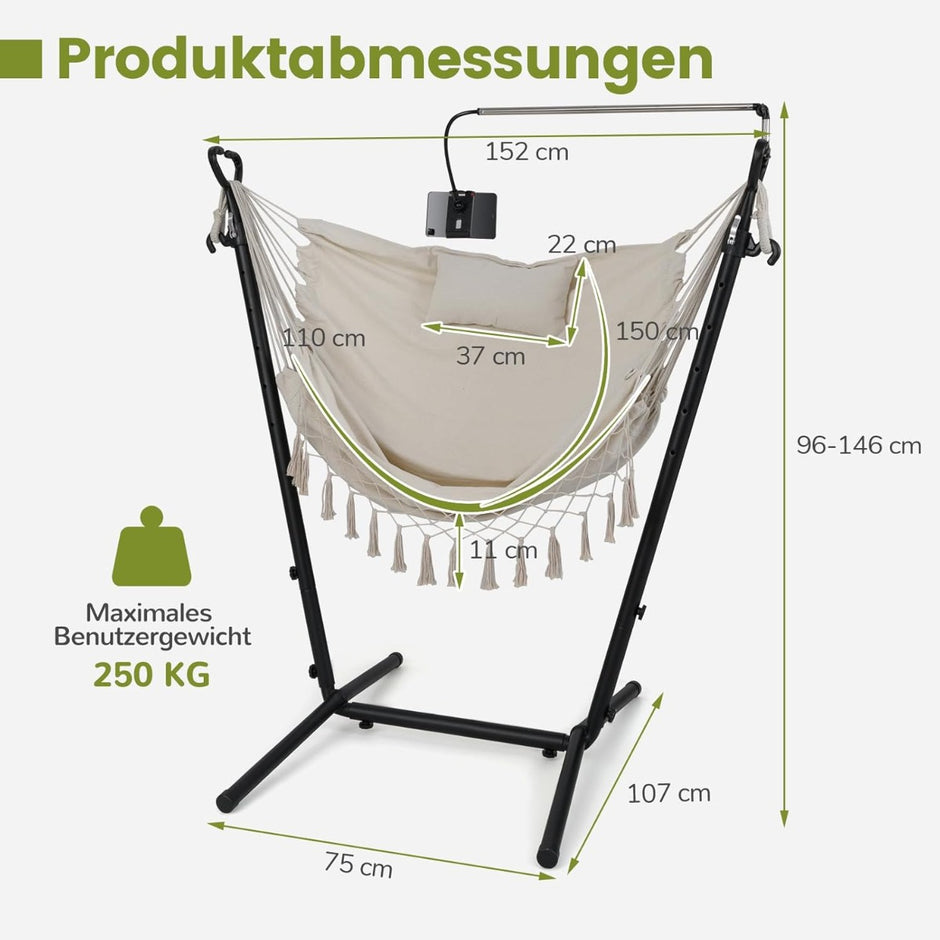 Hängstol – med stativ Höjdjusterbar hängsits dyna belastning upp till – 152 x 107 x 96-146 cm 250 kg – Beige