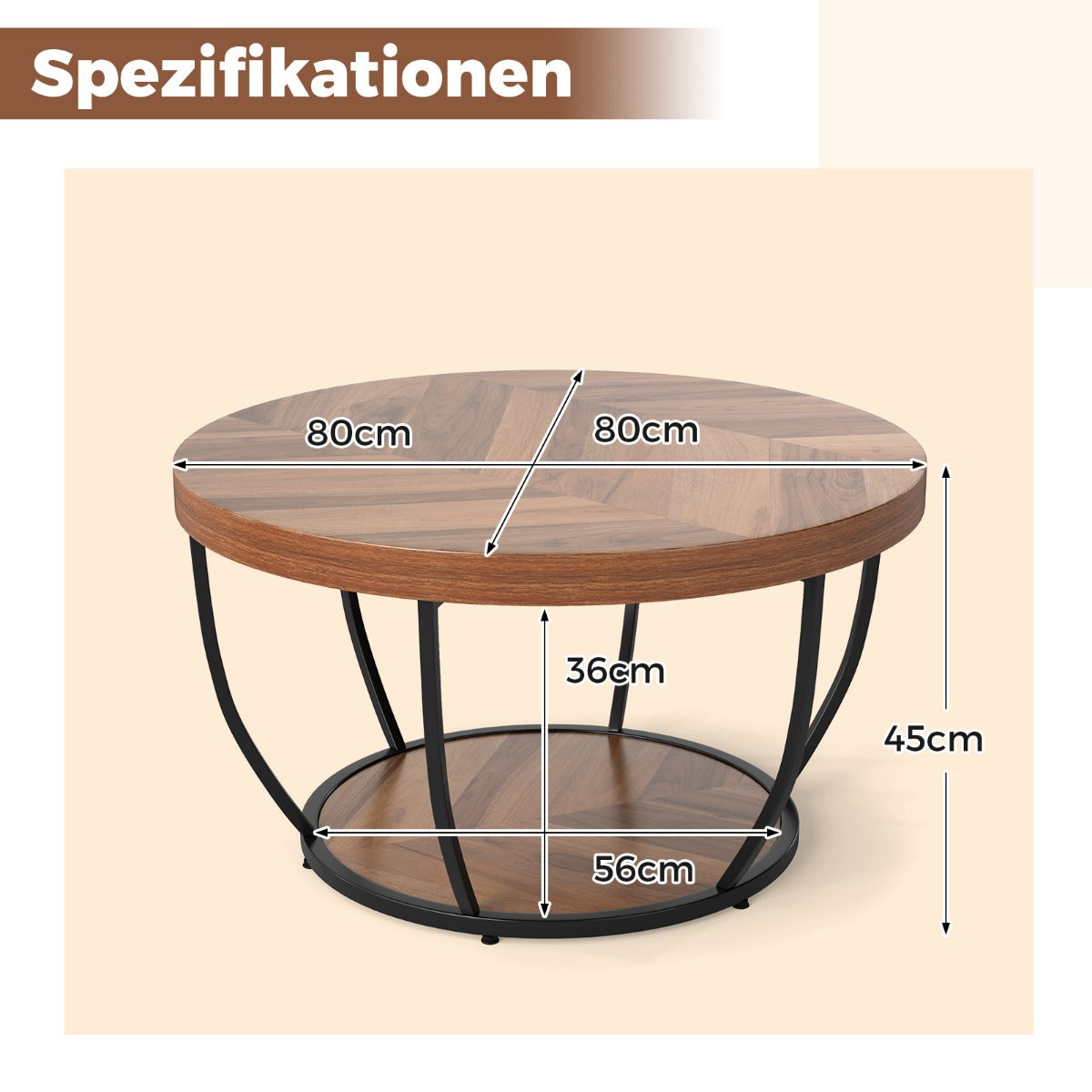 Rund – soffbord i trä med nivåer och metallram, vardagsrumsbord, kaffebord, – 2 . – Natur