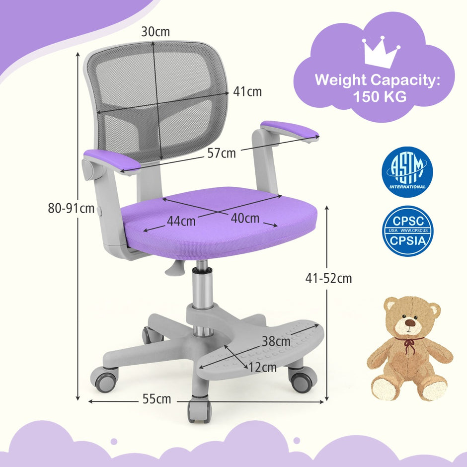 Barnskrivbordsstol – med höj och sänkbar sits Barnroterbar hjul Violett – 41-52 cm – Lila