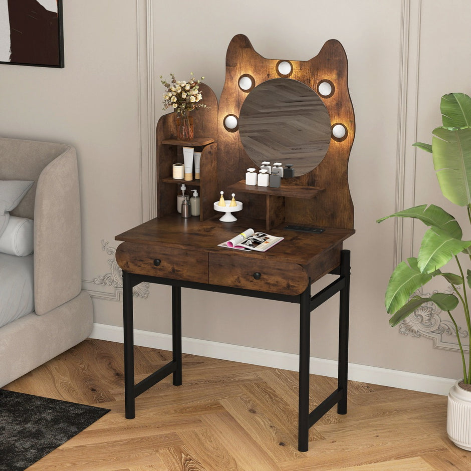 Sminkbord – i Kattform med Spegel och Belysning Låda Frisörbord – Brun