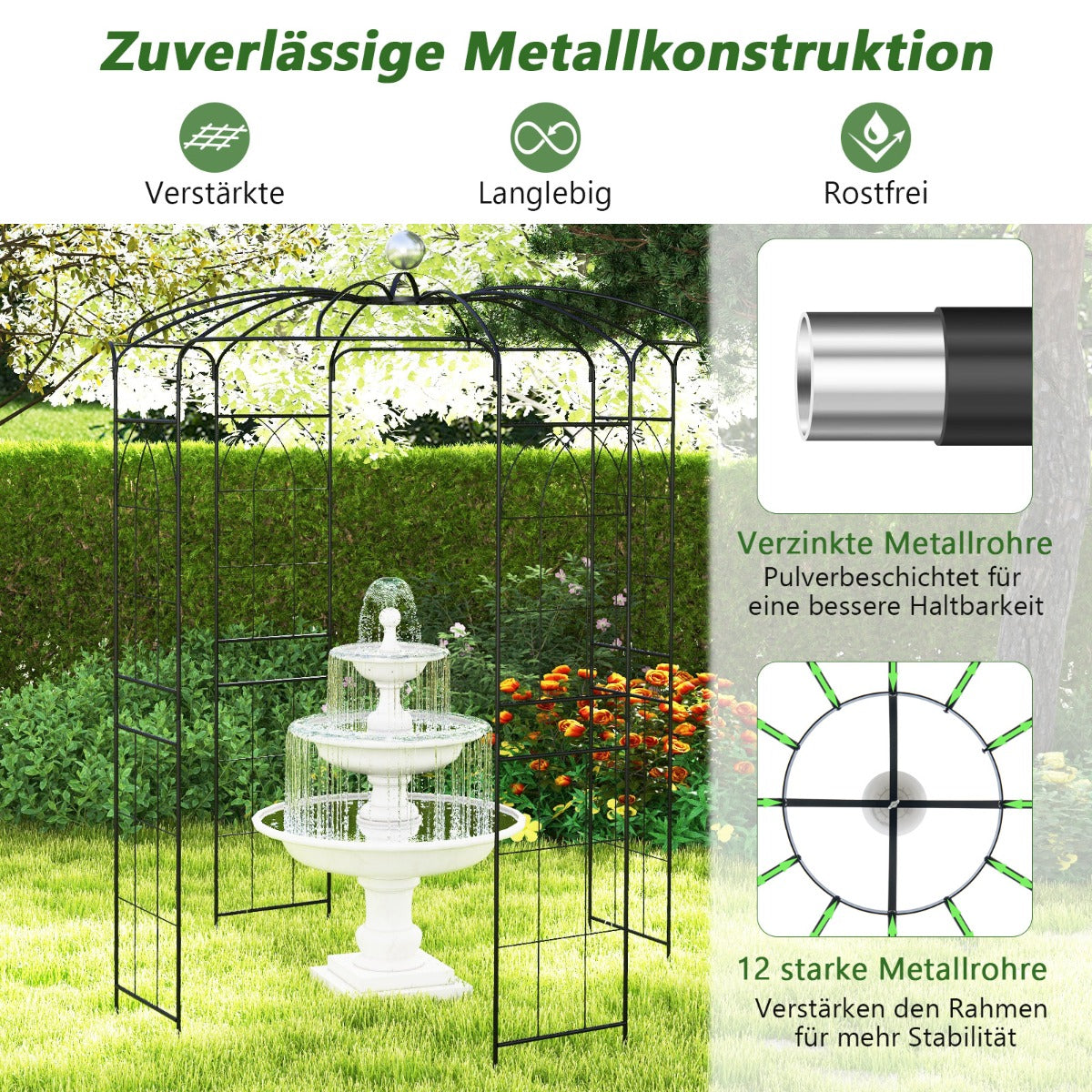 Rose – Arch Metal Pavilion Trädgårdsbåge för klätterväxter Garden – 206 x 206 x 286 cm – Svart