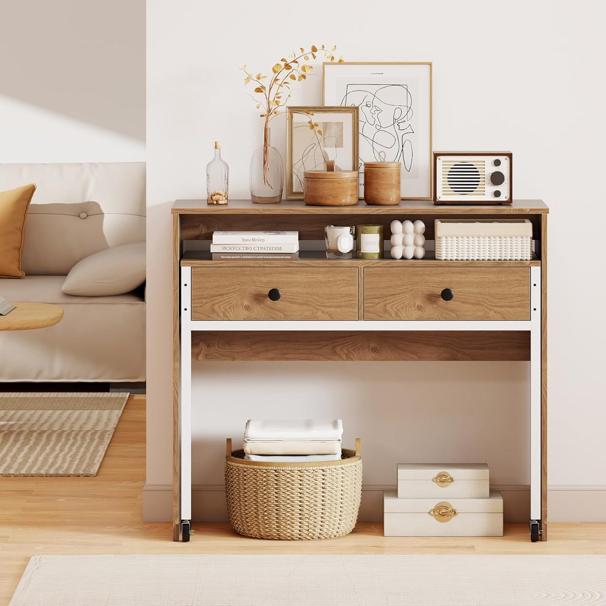 Utdragbart – skrivbord, mindre datortabell med lådor och hjul – 2 100 x 63 x 88 cm – Natur