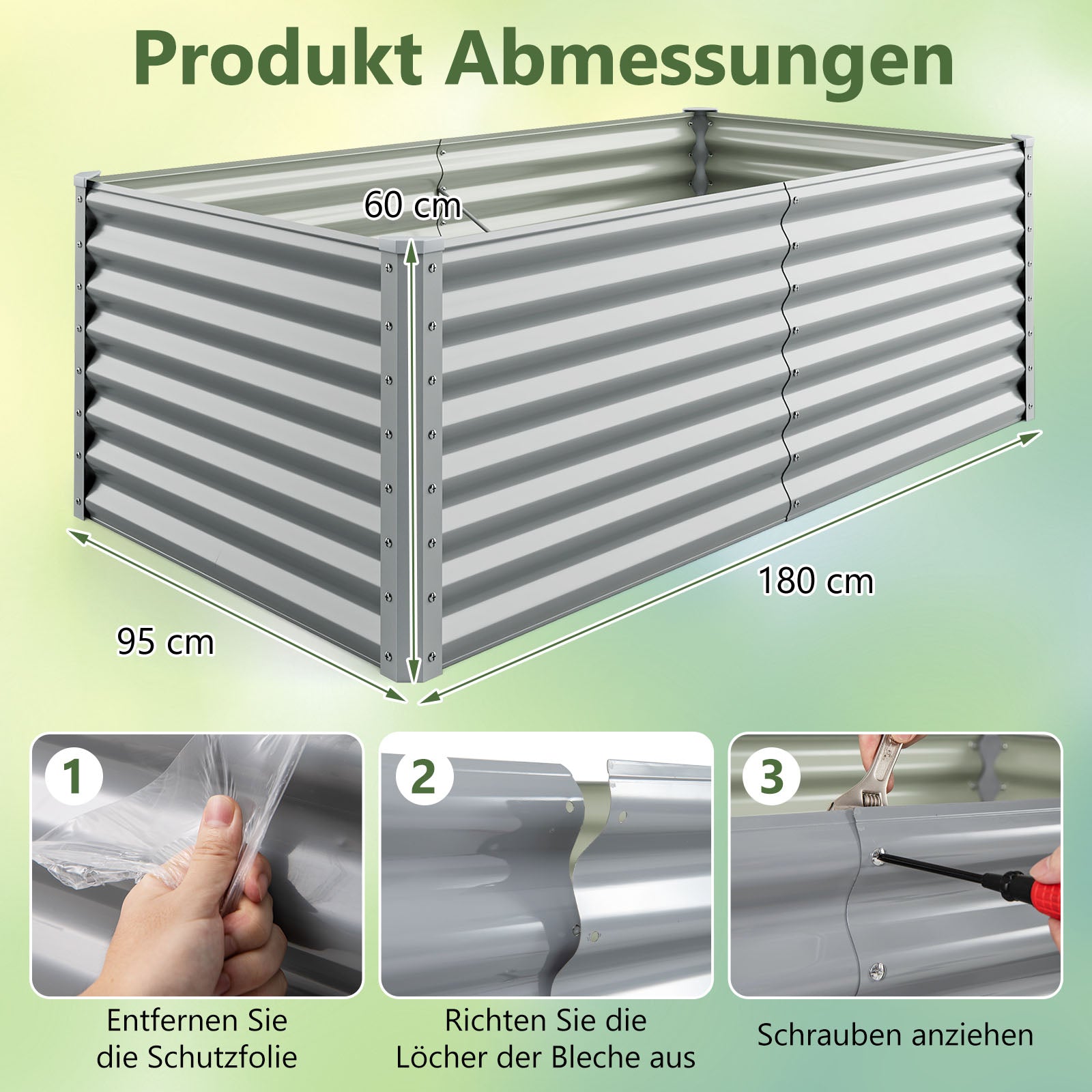 Höjdbädd – Metall planteringslåda för trädgård Rektangulärt förkultiveringsbädd med förstärkta stänger och öppen botten – 180 x 95 x 60 cm – Grå