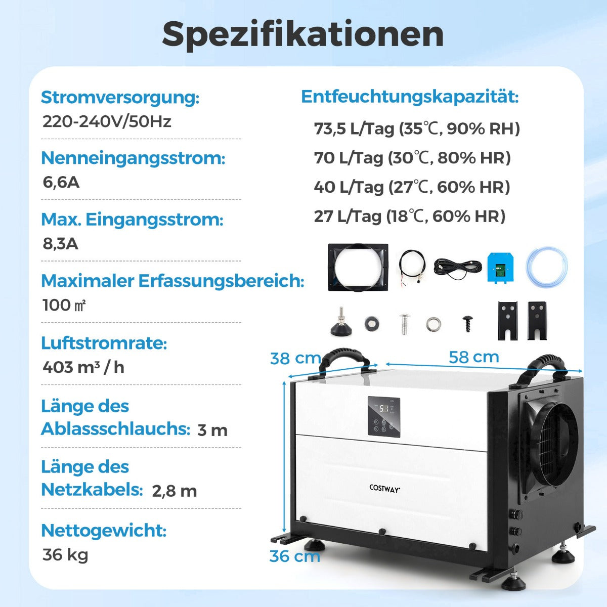 Luftavfuktare – med lägen och 24H timer Byggtork hängande i Industriellt torkningsapparat – 3 2 1 – Vit