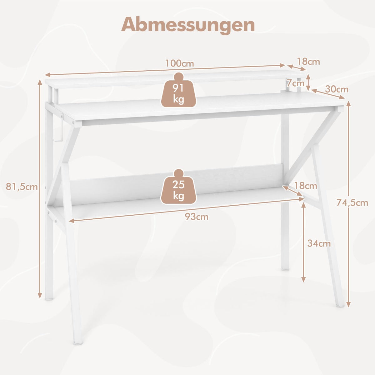Skrivbord – med monitorställ Litet datortabell PC hylla – 100 x 50 cm – Vit