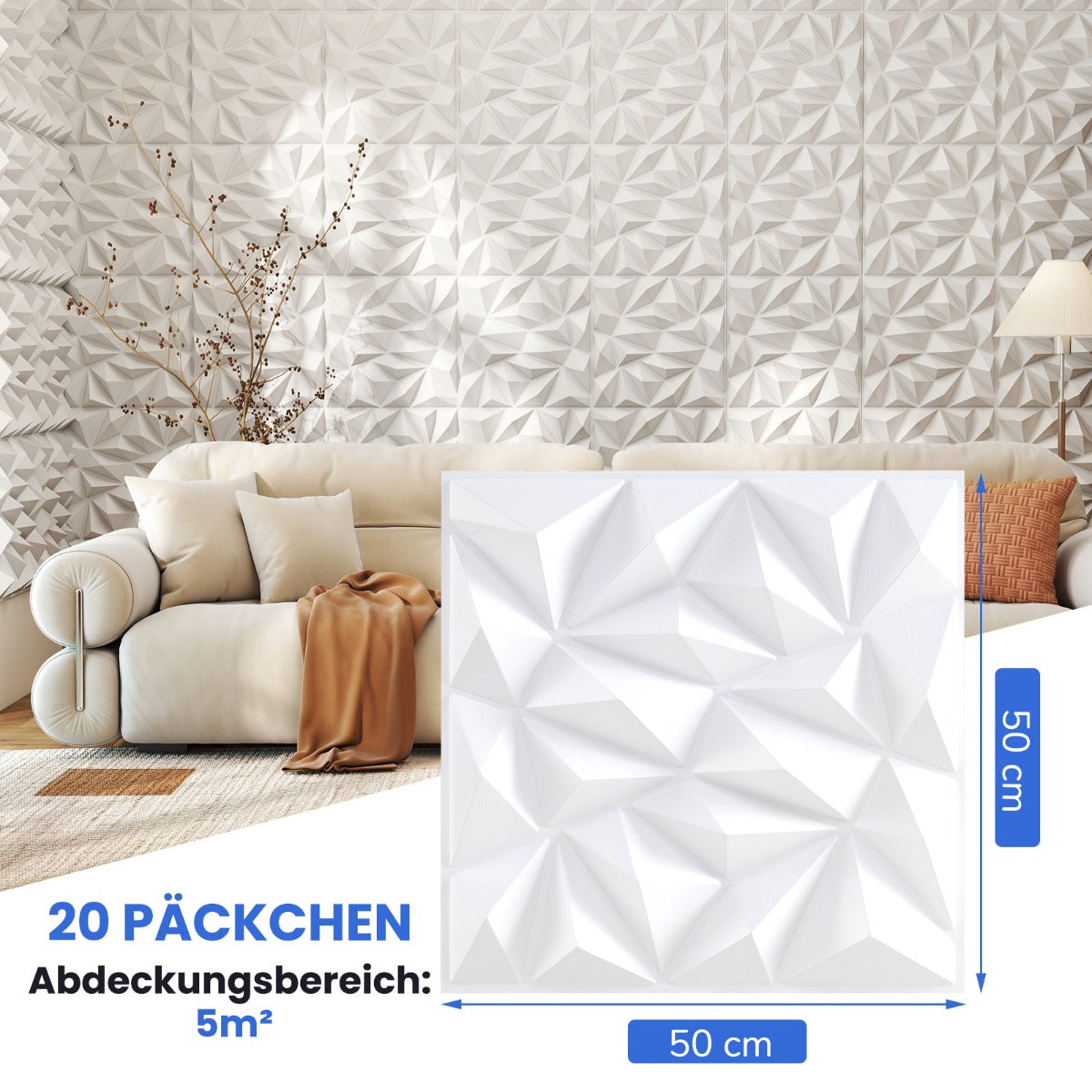 stycken – 3D väggpaneler diamant väggbeklädnad väggdekoration 10m² – 40 50 x 50 cm – Vit