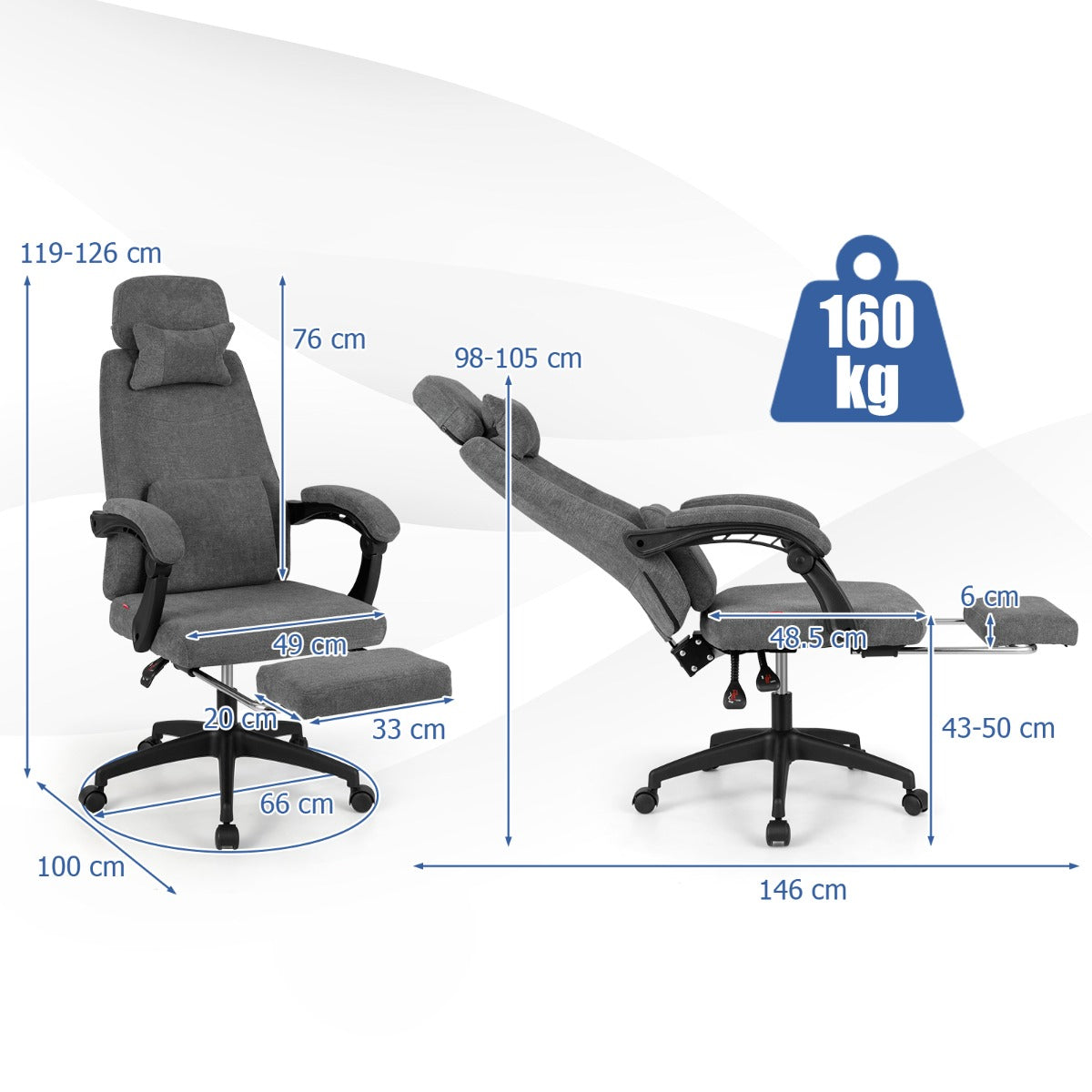 Ergonomisk – Kontorsstol med Uttagbar Fotstöd och Justerbar Ryggstöd – Grå