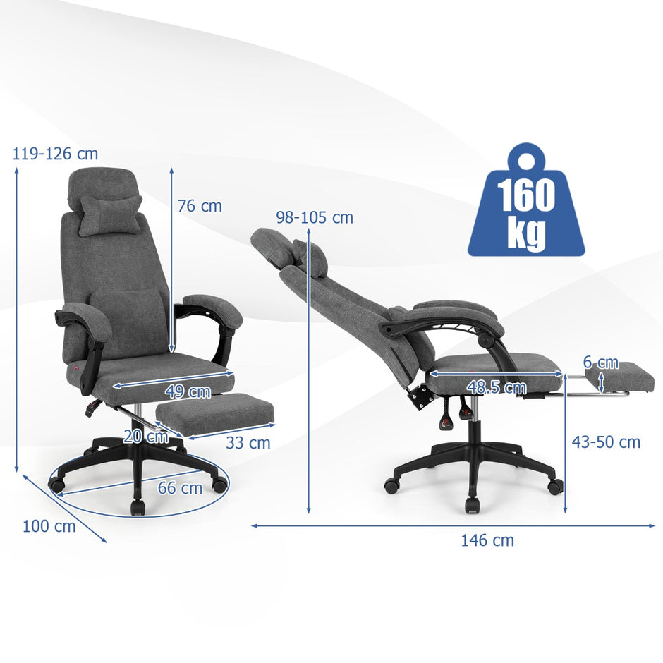 Ergonomisk – Kontorsstol med Uttagbar Fotstöd och Justerbar Ryggstöd – Grå