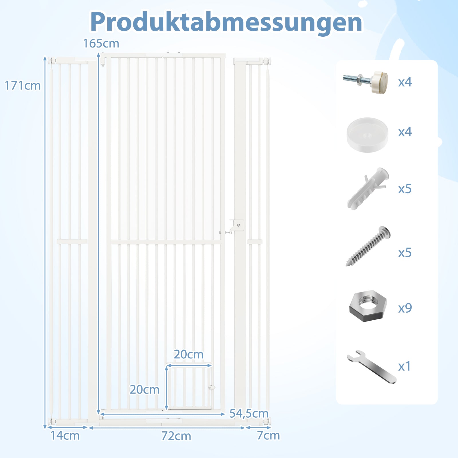 Hög – djurbarriär Metall säkerhetsgaller med förlängningssatser Utan borrning – 2 77-104 cm x 171 cm – Vit