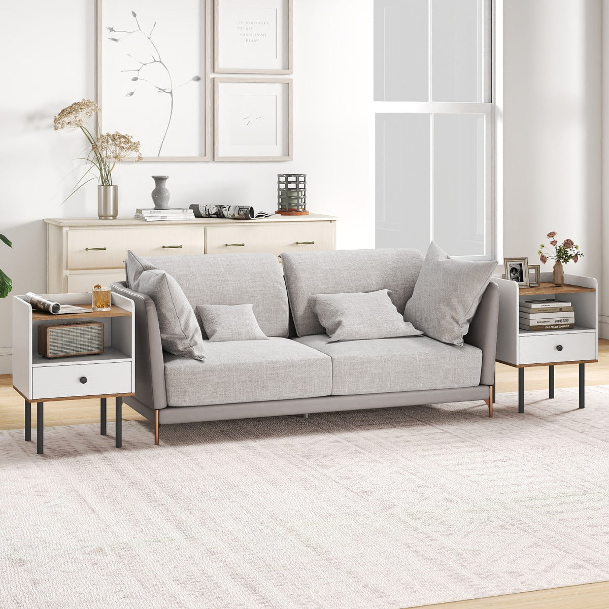 pack – Nattduksbord med Låda och öppen Förvaringsfack modern Soffbord Metallben – 2 – Vit