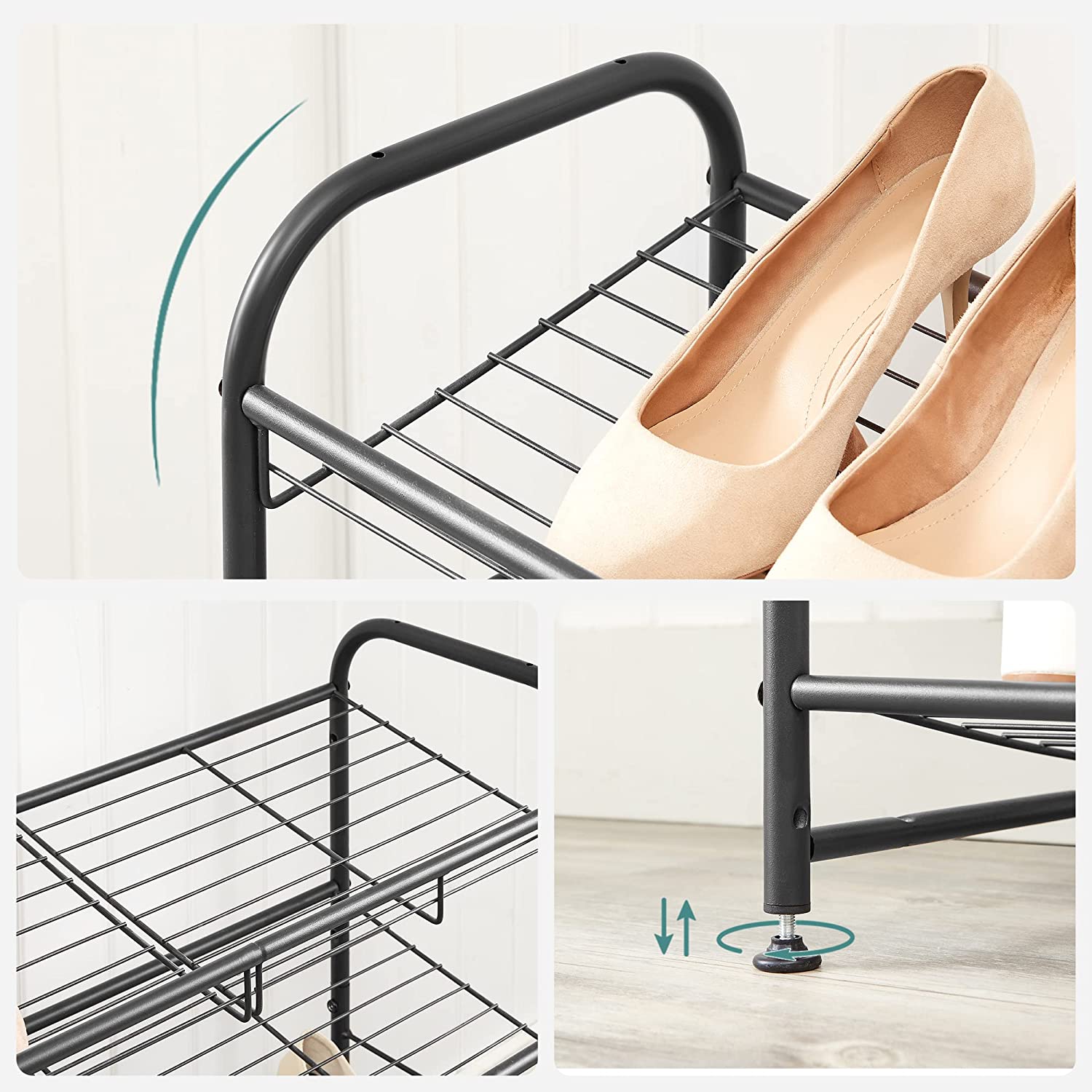 Shoe Rack - med 2 hyllor - Stackbar skoförvaring - för högst 8 par skor - gjord av stål - svart