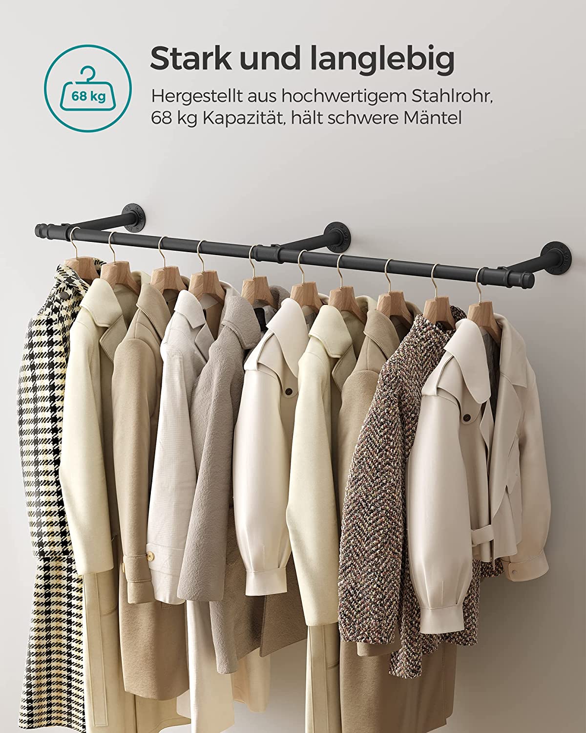 Klädstång - vägggarderob - stål - svart
