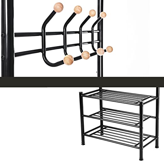 Klädställ med 18 krokar och 3 skoställ - stål - svart