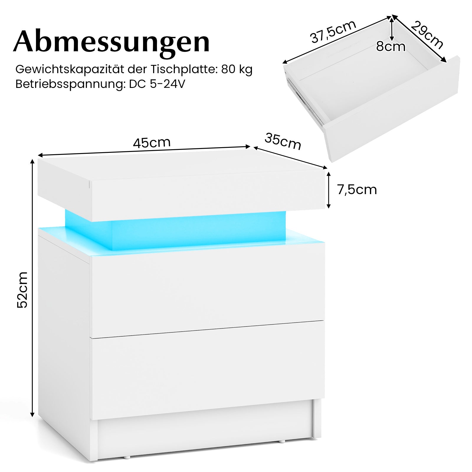 Nattduksbord – med LED lampor nattkommod lådor modern sidobord – 2 – Vit