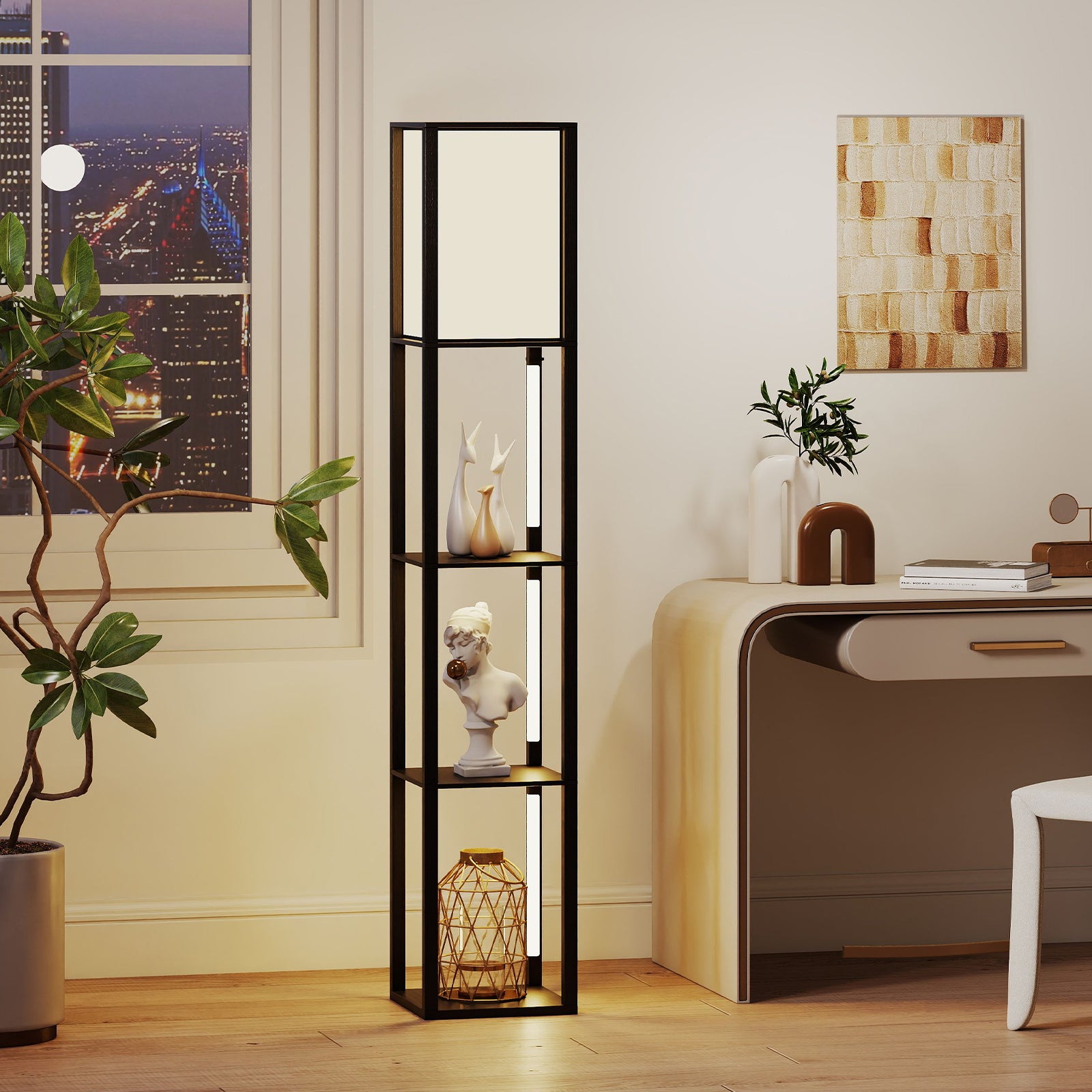 Golvlampa – med hyllor och fotströmbrytare stegs justerbar LED remslampa i – 3 – Svart