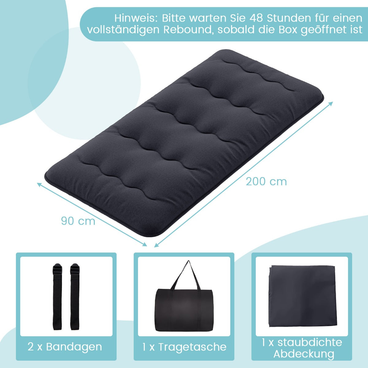 Japansk – futonmadrass med tvättbart överdrag och bärväska Tatami matta – 90 x 200 cm – Svart