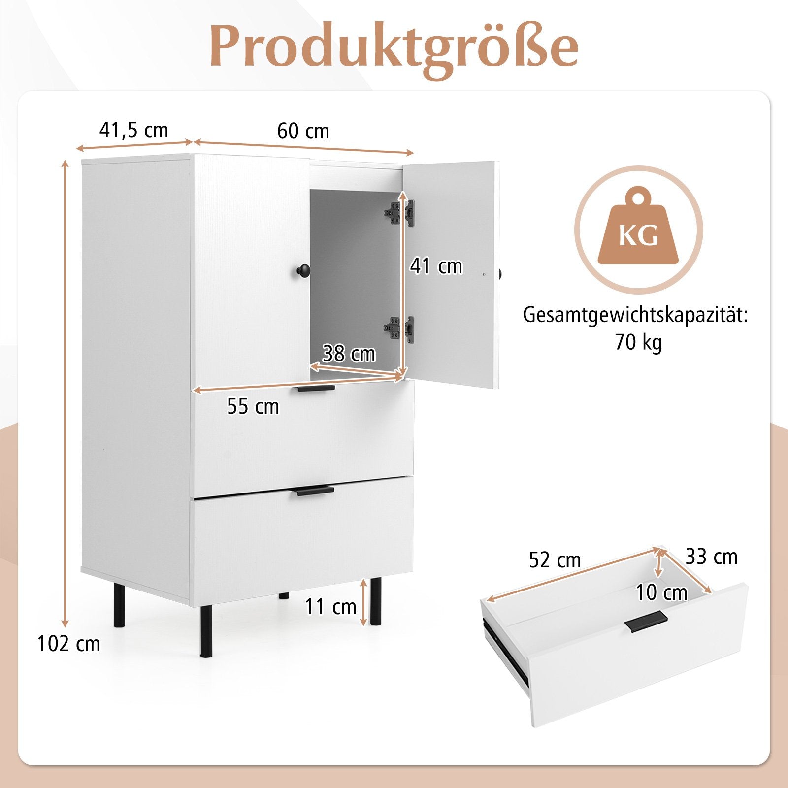Skåp – i trä med metallben lådor och dörrar – 60 x 41,5 x 102 cm – Vit
