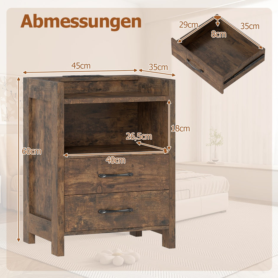 Nattduksbord – med LED belysning och laddningsstation lådor öppet förvaringsfack Sidobord Rustikt Brunt – 2 45 x 35 x 60 cm – Rustik brun