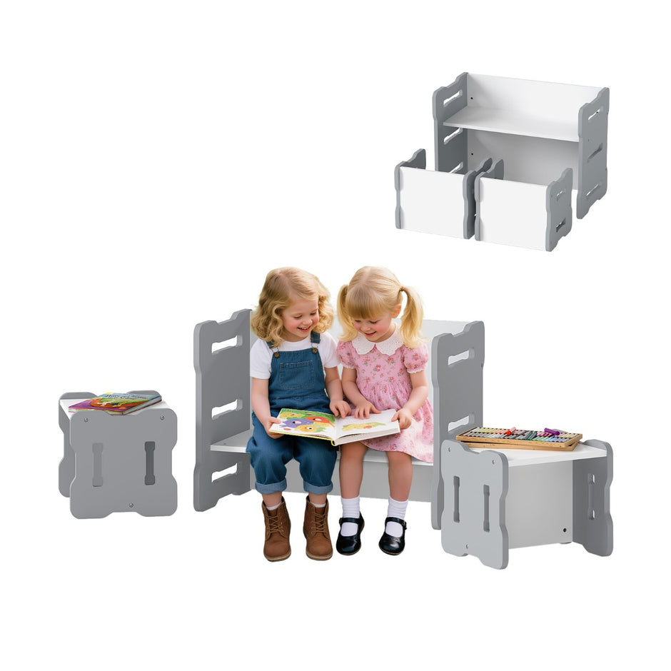 DEL. – Barn Bord och Stol Set med Pall Rundad Hörn Design – 3 2 – Grå