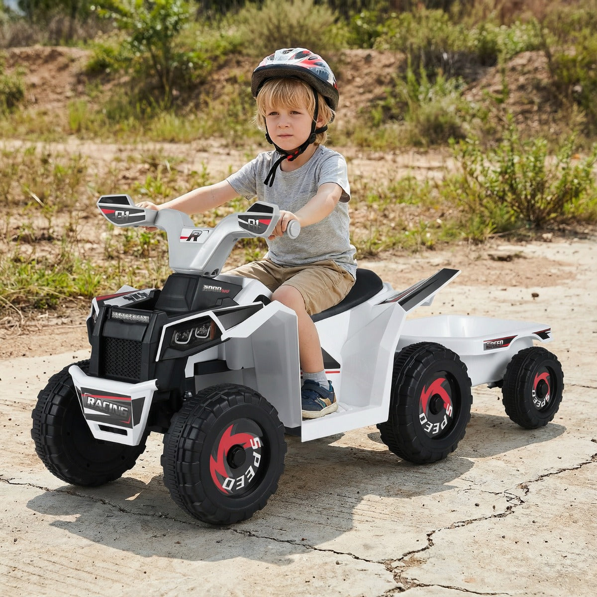 6V – barn elektrisk ATV med släpvagn elfordon slitstarka hjul – Vit