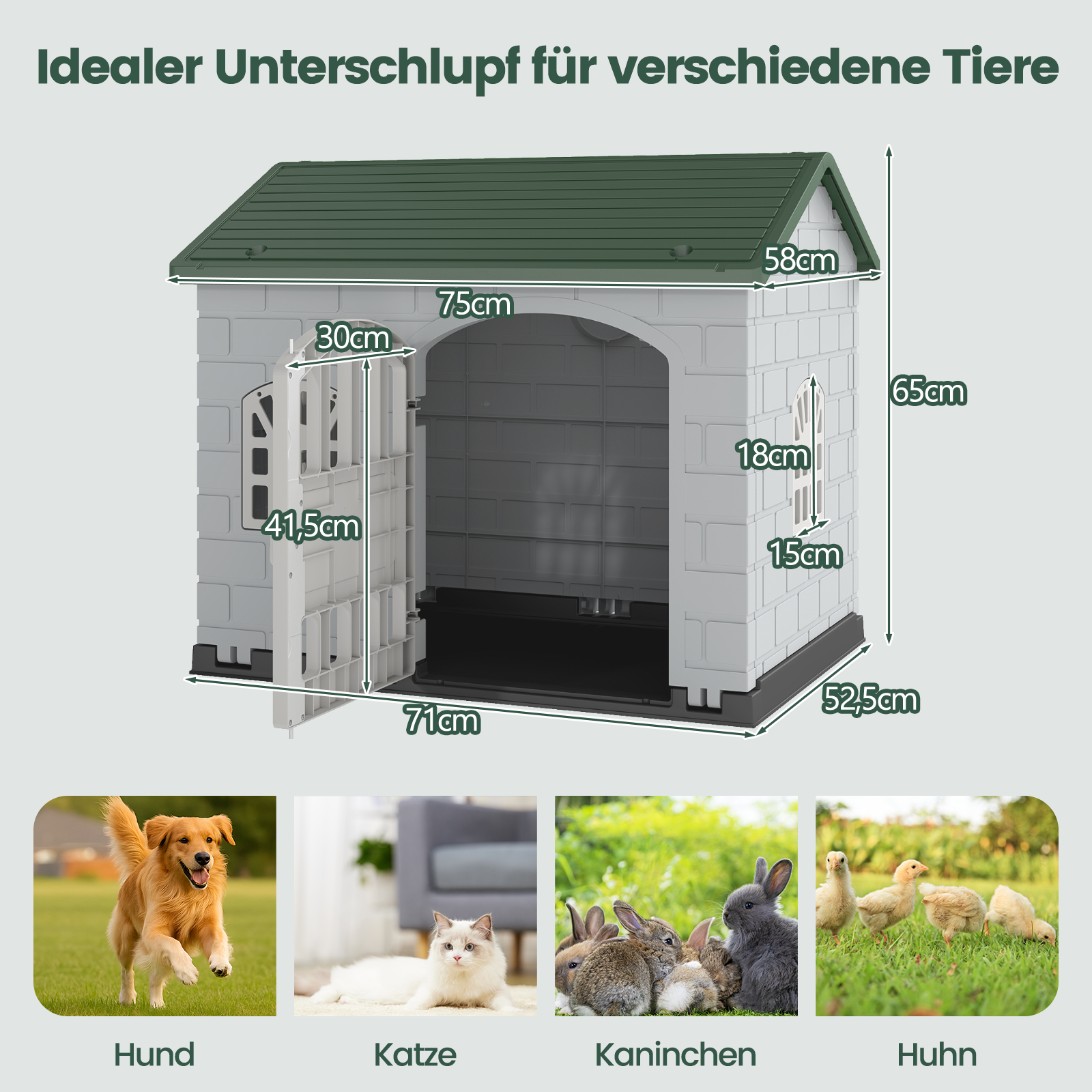 Hundkoja – i plast väderbeständig hundhus med låsbart dörr, fönster och snedtak för små hundar katter – 3 – Grön