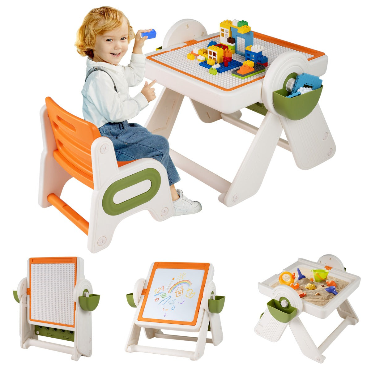 i – Byggklossbord och Staffli Set med Vändbar Bordskiva Konststaffeli Spelbord – 6 1 – Orange