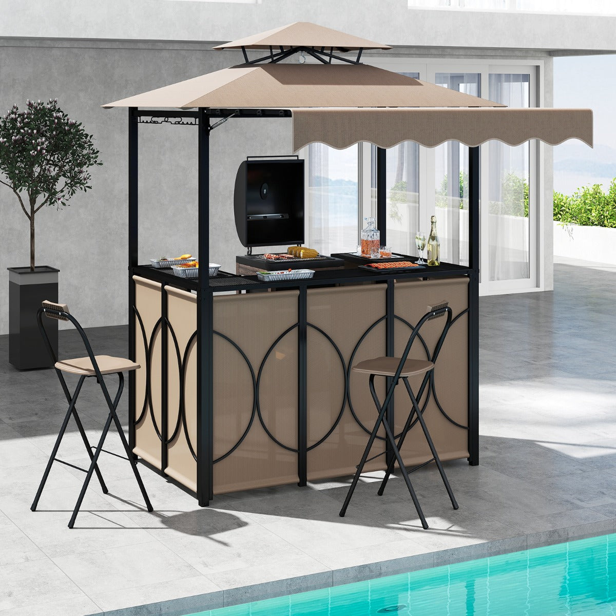 Väderbeständig – grillpaviljong med bar och barstolar, trädgårdspaviljong dubbelt tak markis – 2 – Brun