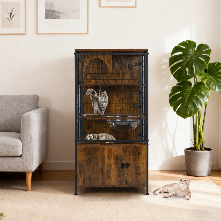 Modern – kattbur, flervånings kattstall med metallram, kattmatskål, hål – Brun