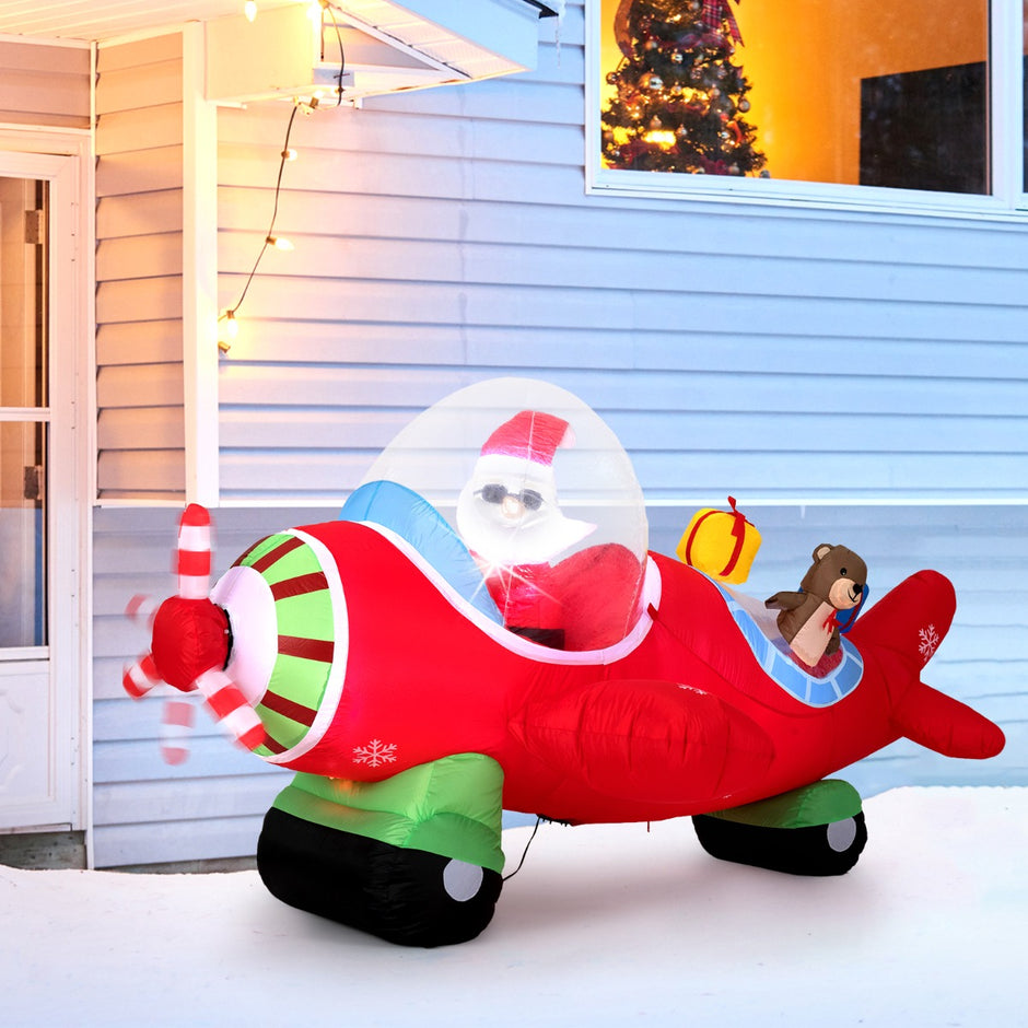 Uppblåsbar – Julman I Flygplan och Presentlåda LED Ljus – 220 Cm – Färgglad