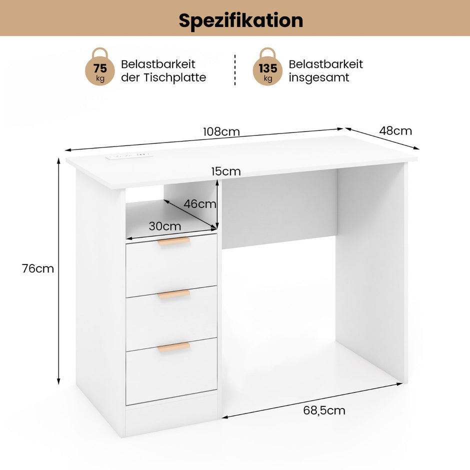 Skrivbord – med lådor och laddstation datorbord modern kontorsbord – 3 – Vit