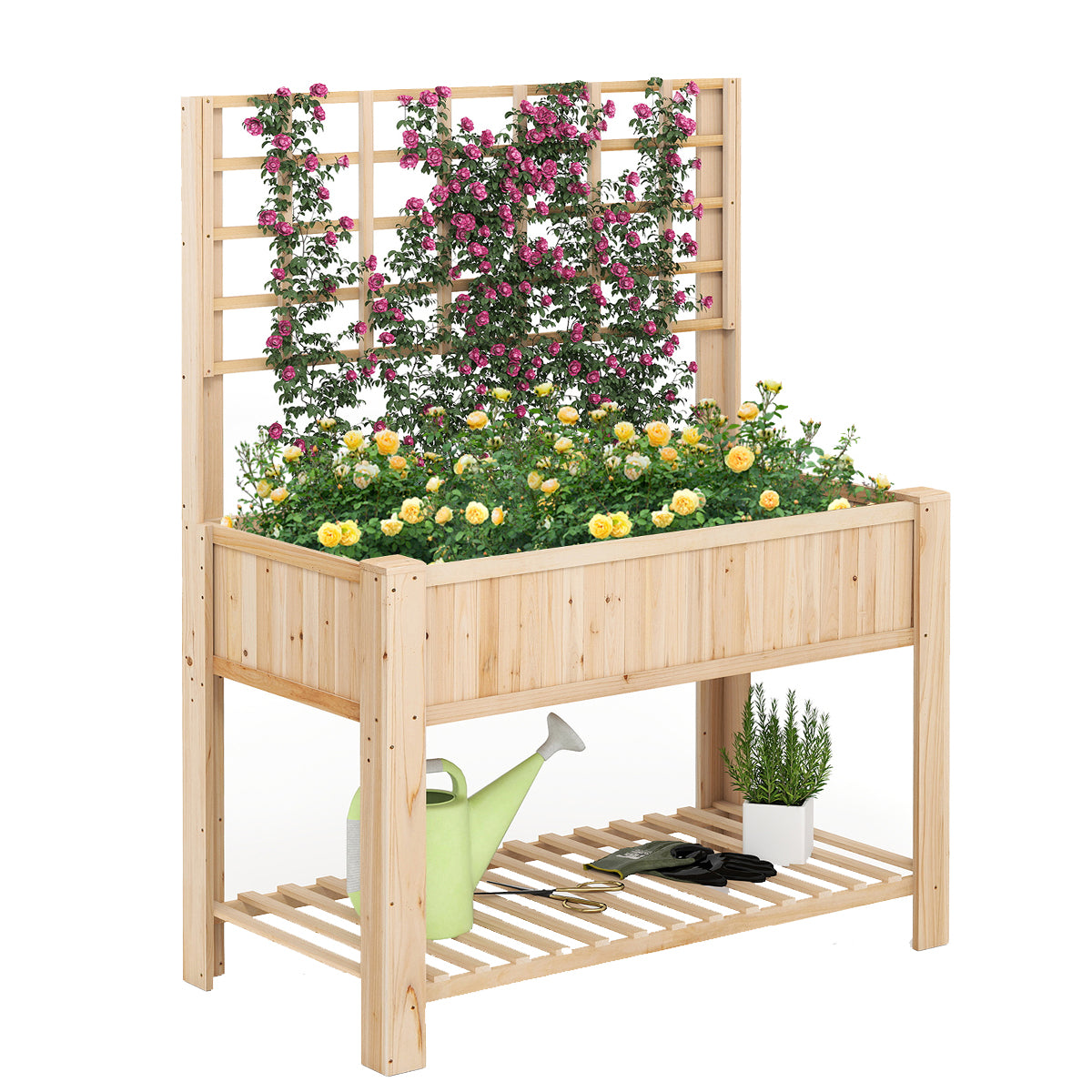 Högbädd – med spaljé och avlastning Blomrabatt avloppshål Trädgårdsbädd Planteringslåda Trä Blomlåda – 116 x 59 x 150 cm – Natur