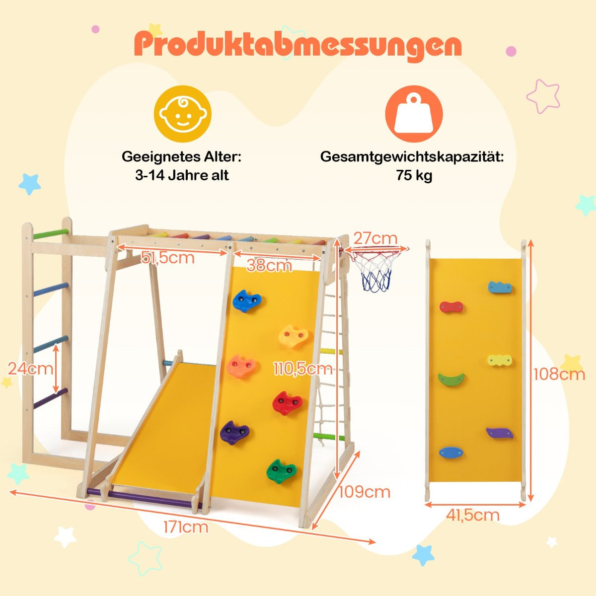 i – inomhusklätterställning Lekplats med rutschkana Klättringsvägg Basketkorg Apklättringsstång Repnät och stege – 6 1 – Regnbåge